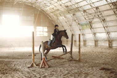 The rider in black form trains with the horse