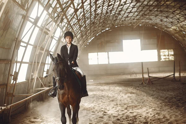 Всадник в черной форме тренируется с лошадью — стоковое фото