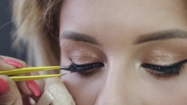 Makeup καλλιτέχνης που εργάζονται για τους πελάτες lases στο σαλόνι ομορφιάς — Αρχείο Βίντεο