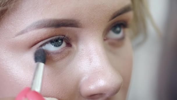 Primo piano di applicare cosmetici a faccia di clienti con spazzola in salone — Video Stock