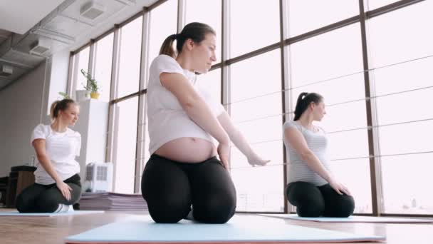 Zwangere vrouw zijn stretching lichamen in een sportschool — Stockvideo