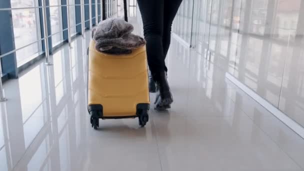 Un voyageur avec une valise traverse un hall d'aéroport — Video