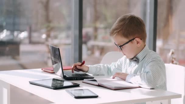 Estudiante de primaria está aprendiendo con un ordenador portátil — Vídeo de stock