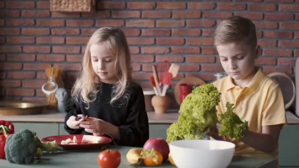 Dos jóvenes están en una cocina preparando algo de comida saludable — Vídeos de Stock