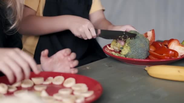 Duas crianças estão cortando legumes e frutas para uma salada fresca — Vídeo de Stock