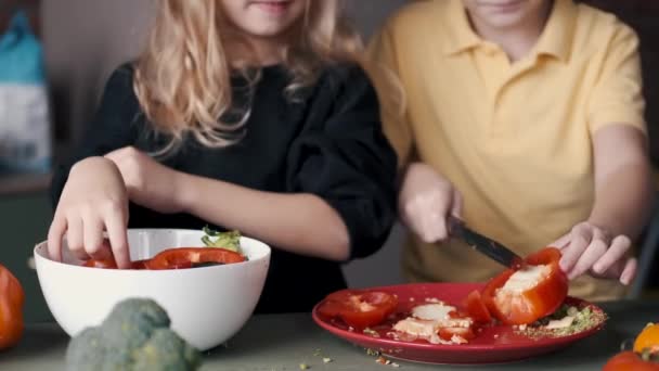 Дети делают салат из свежих овощей на кухне — стоковое видео