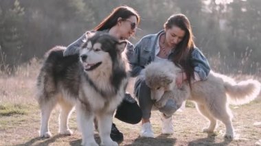 Güzel esmer kadınlar köpekleriyle doğadadır.