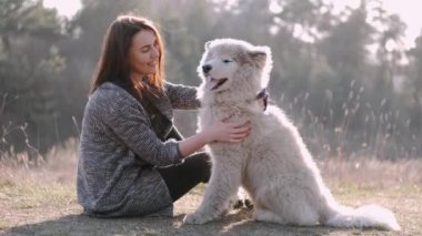 Güzel kız tarlada sevimli tüylü bir köpekle yürüyor.