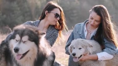 Güzel esmer kadınlar köpekleriyle doğadadır.