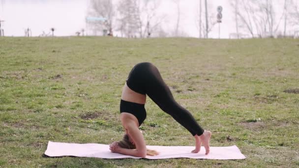 A sporty woman is doing stretching on a mat on the lawn — Stock Video