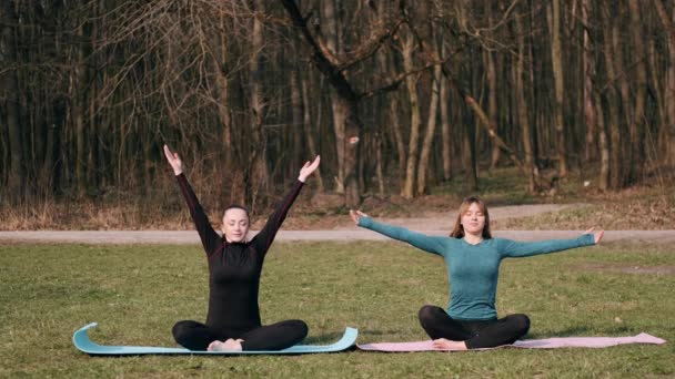 Sport kvinnor gör morgon yoga motion utanför på mattor — Stockvideo