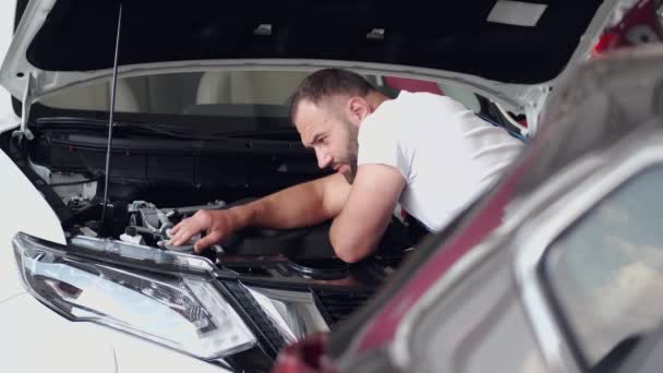 Reparador investiga coche con capucha abierta en centro de servicio — Vídeos de Stock