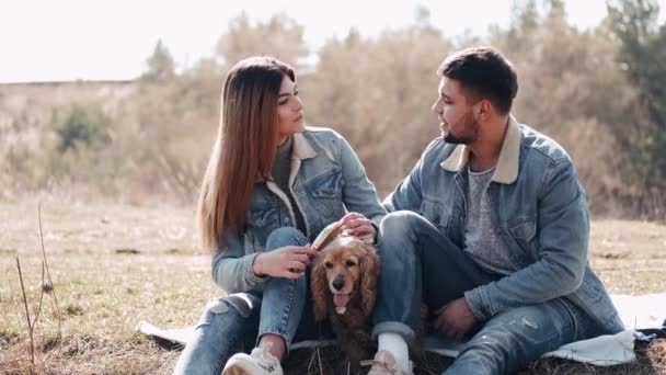 Bastante joven mujer y hombre están sentados en el campo paseando con un lindo perro — Vídeos de Stock