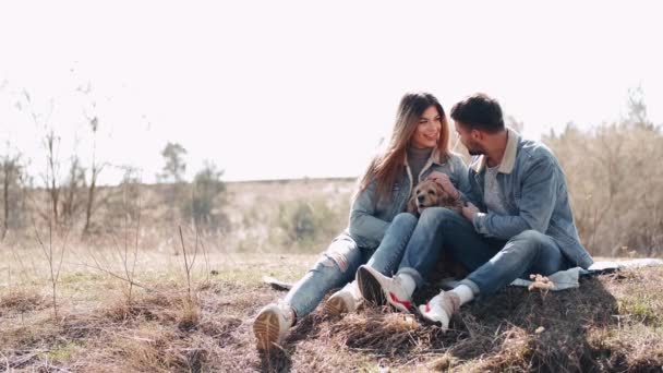 Bastante joven mujer y hombre están sentados en el campo paseando con un lindo perro — Vídeos de Stock