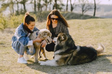 Bir bahar tarlasında köpekli iki şık kız.