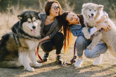 Bir bahar tarlasında köpekli iki şık kız.