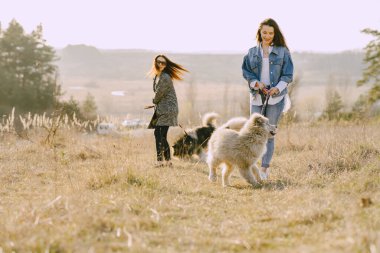 Bir bahar tarlasında köpekli iki şık kız.