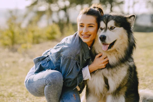 Köpeğiyle bahar tarlasında şık bir kız. — Stok fotoğraf