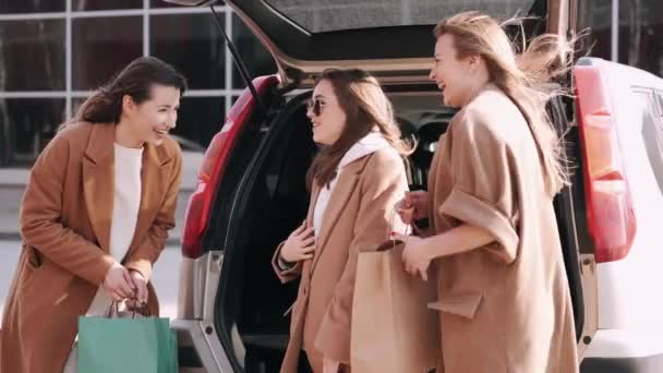 Chicas atractivas han comprado y comprobando las compras en la parte posterior del coche — Vídeos de Stock