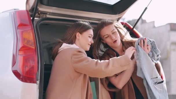 Chicas atractivas han comprado y comprobando las compras en la parte posterior del coche — Vídeos de Stock