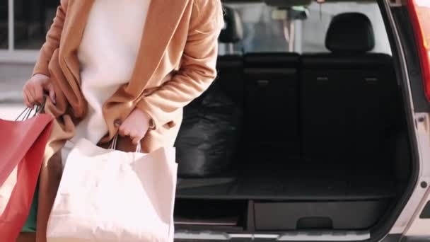 Lycklig kvinna shopoholic är med shoppingväskor vid bilen — Stockvideo