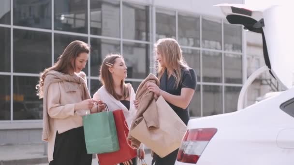 Boldog barátnők vásároltak, és kézműves táskákat raktak a csomagtartóba. — Stock videók