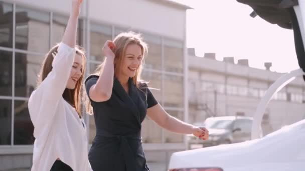 Las novias felices han comprado y puesto bolsas de compras artesanales en el maletero de un coche — Vídeos de Stock