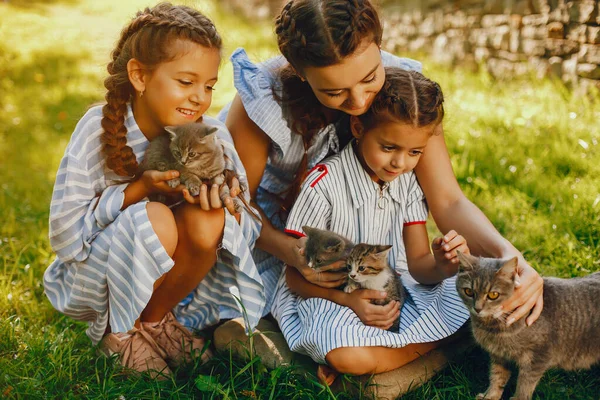 Drie mooie meisjes met katten — Stockfoto