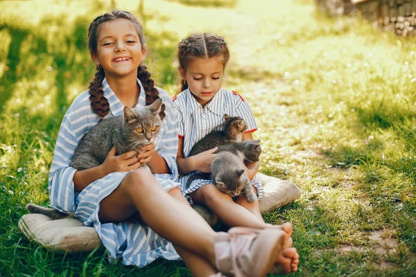 Twee mooie meisjes met katten — Stockfoto