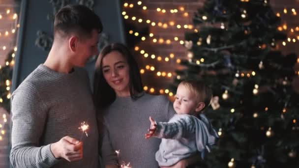 Retrato de família com pequeno filho segurando luzes — Vídeo de Stock