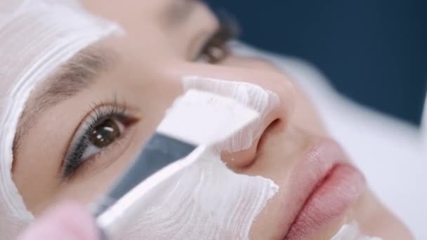 Vista cortada de esteticista colocando máscara facial no rosto — Vídeo de Stock