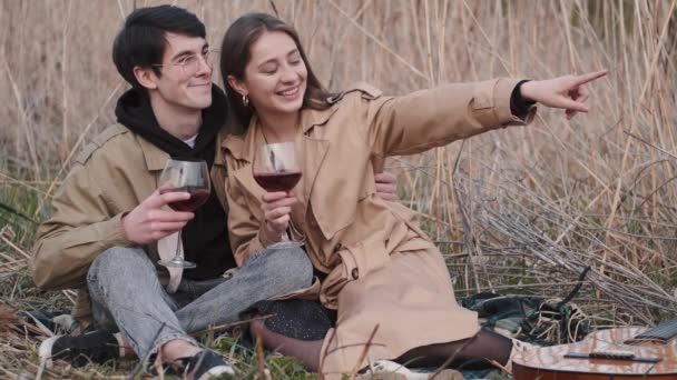 Άνδρας και γυναίκα κρατώντας ποτήρια κόκκινο κρασί στο πικνίκ — Αρχείο Βίντεο