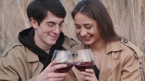 Elinde kırmızı şarap kadehleri olan kadın ve erkeğin portresi. — Stok video