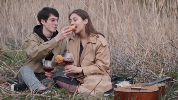 Morena homem alimenta namorada croissant no piquenique no campo — Vídeo de Stock