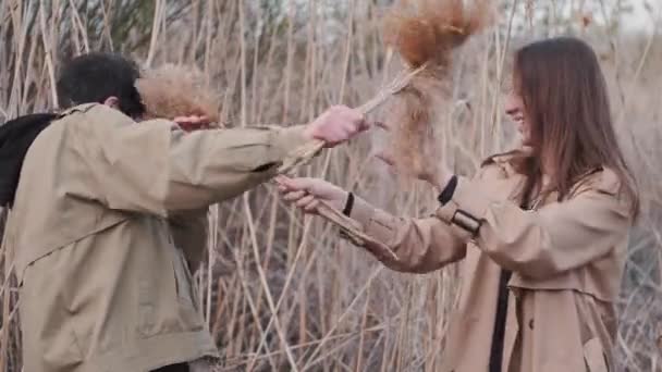 Couple spends time outdoors playing with phragmites — Stock Video