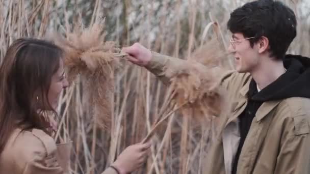 Coppia trascorre del tempo all'aperto giocando con phragmites — Video Stock