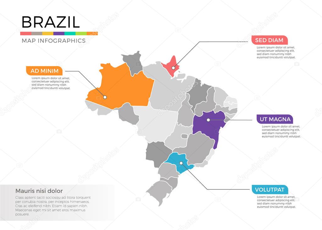 Brazil map with regions and pointer marks 