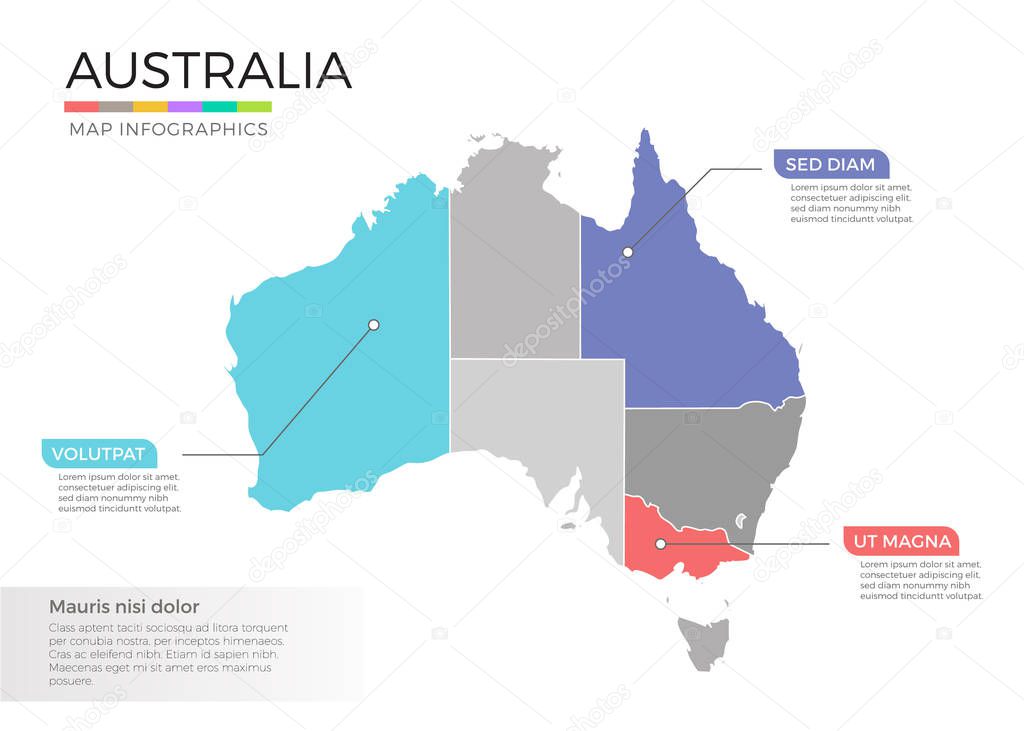 Australia map with regions and pointer marks 