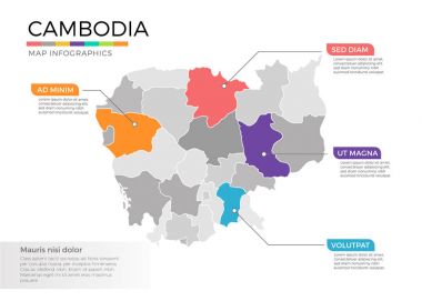 Kamboçya Haritası bölgeler ve işaretçi işaretleri 