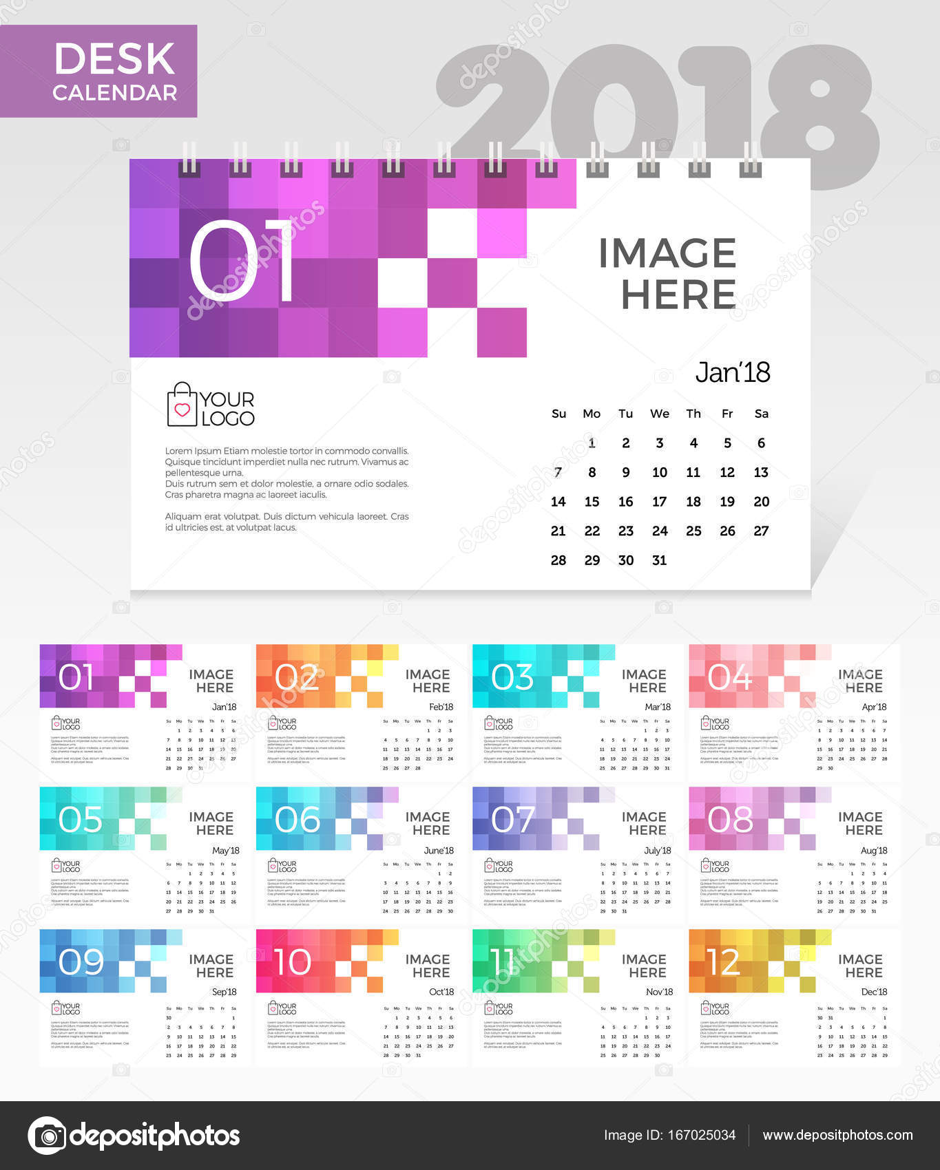 Desk Calendar 18 Simple Colorful Pixels Minimal Elegant Desk Calendar Template In White Background Stock Vector Image By C Pixar