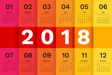2018 Takvim şablonu. Basit Minimal takvim kalıp çizmek ile Pazar kırmızı gradyan içerisinde başlayan hafta