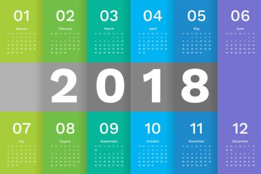 2018 Takvim şablonu. Basit Minimal takvim kalıp çizmek ile Pazar yeşil mavi gradyan içerisinde başlayan hafta