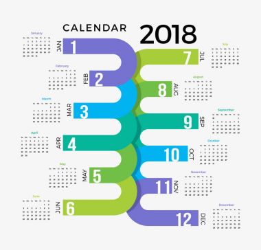 2018 Takvim şablonu. Renkli yaratıcı mutlu yeni yıl takvim tasarım şablonu