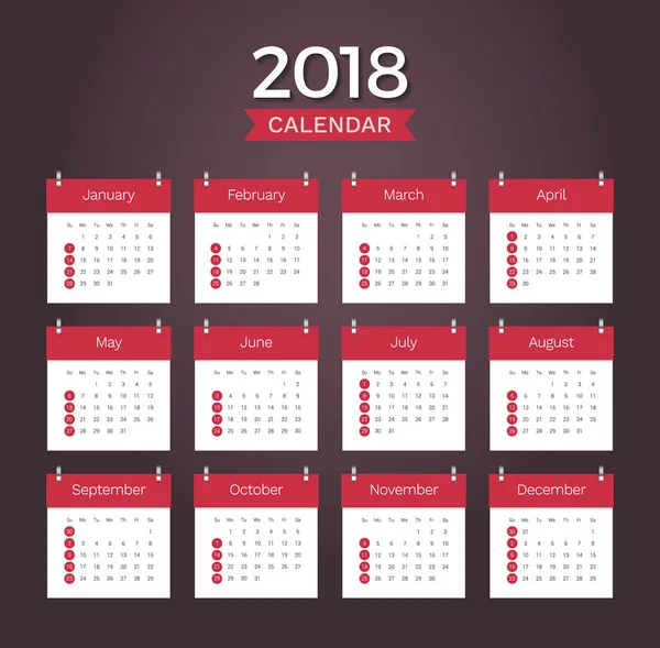 Calendrier de bureau 2018. Simple rouge minimal élégant calendrier de bureau — Image vectorielle