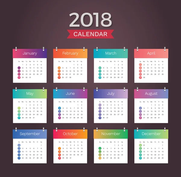 Calendrier de bureau 2018. Simple coloré minimaliste élégant bureau calendrier numéroté mois modèle conception — Image vectorielle