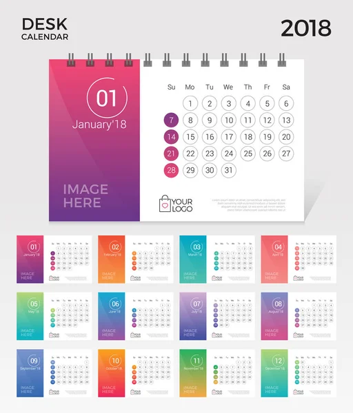 Schreibtischkalender 2018. Einfache minimale elegante Schreibtischkalender nummerierte Monatsvorlage auf weißem Hintergrund — Stockvektor
