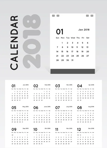Työpöytä 2018 Kalenteri. Yksinkertainen minimaalinen valkoinen malli suunnittelu — vektorikuva