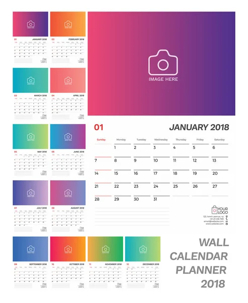 Planificador de calendario de pared 2018. Diseño de plantilla de degradado colorido mínimo simple con semana a partir del domingo — Vector de stock