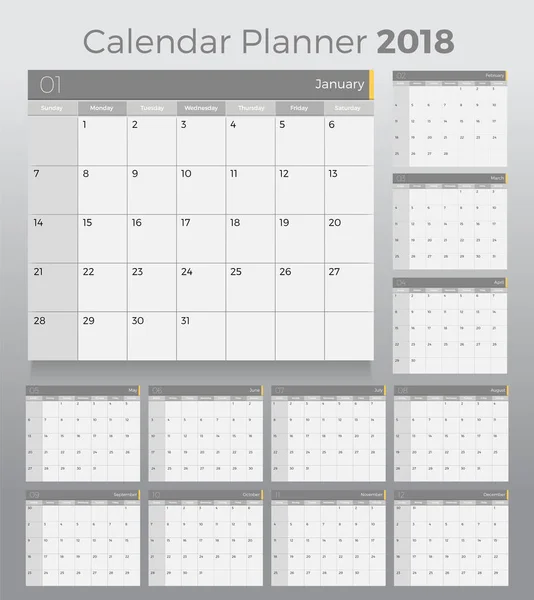 Planificador de calendario de escritorio 2018. Diseño simple de plantilla mínima blanca — Vector de stock