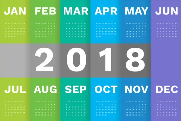 2018 plantilla de calendario fresco. Simple diseño de plantilla de calendario mínimo con semana a partir del domingo en verde degradado azul — Vector de stock
